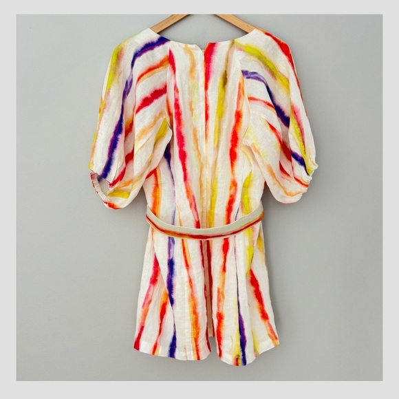 Nicholas The Label Linen Dress Shaanti Mini Rainbow Vibrant Puff Sleeve Belted - Picture 5 of 16